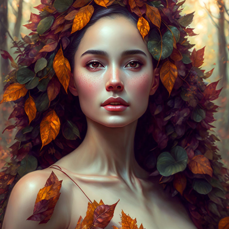 Portrait of woman with autumn leaves in hair and serene face with freckles