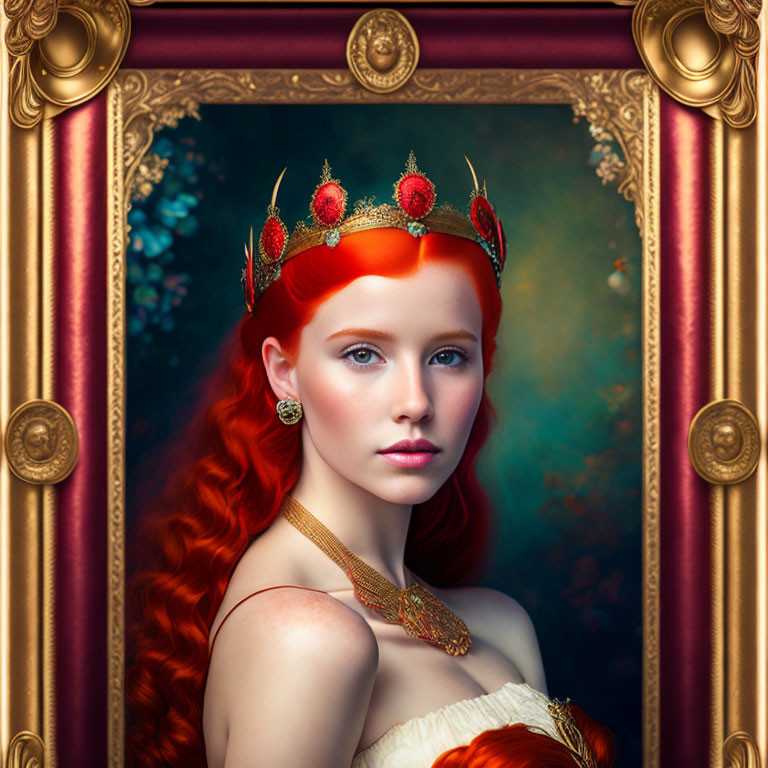 Portrait of Woman with Vibrant Red Hair and Golden Crown with Red Gemstones