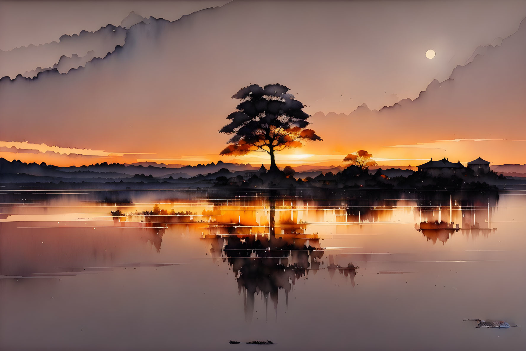 Tranquil sunset landscape with lone tree, traditional Asian architecture, and moon reflection