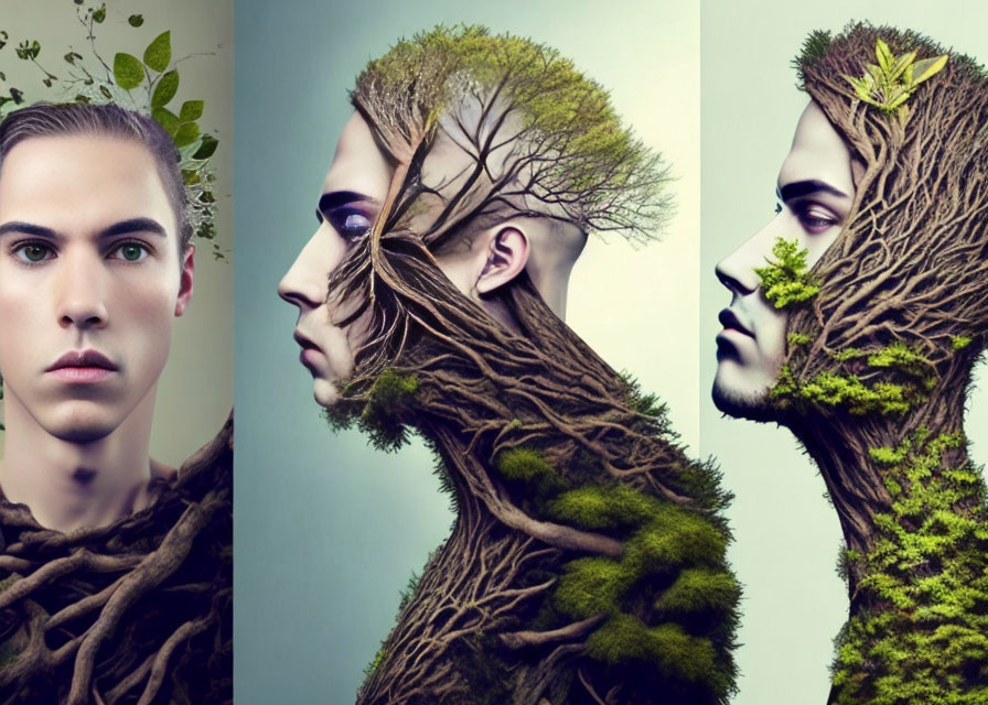 Person transforming into a tree: Progressive profiles show skin turning into bark, branches emerging, and moss growing