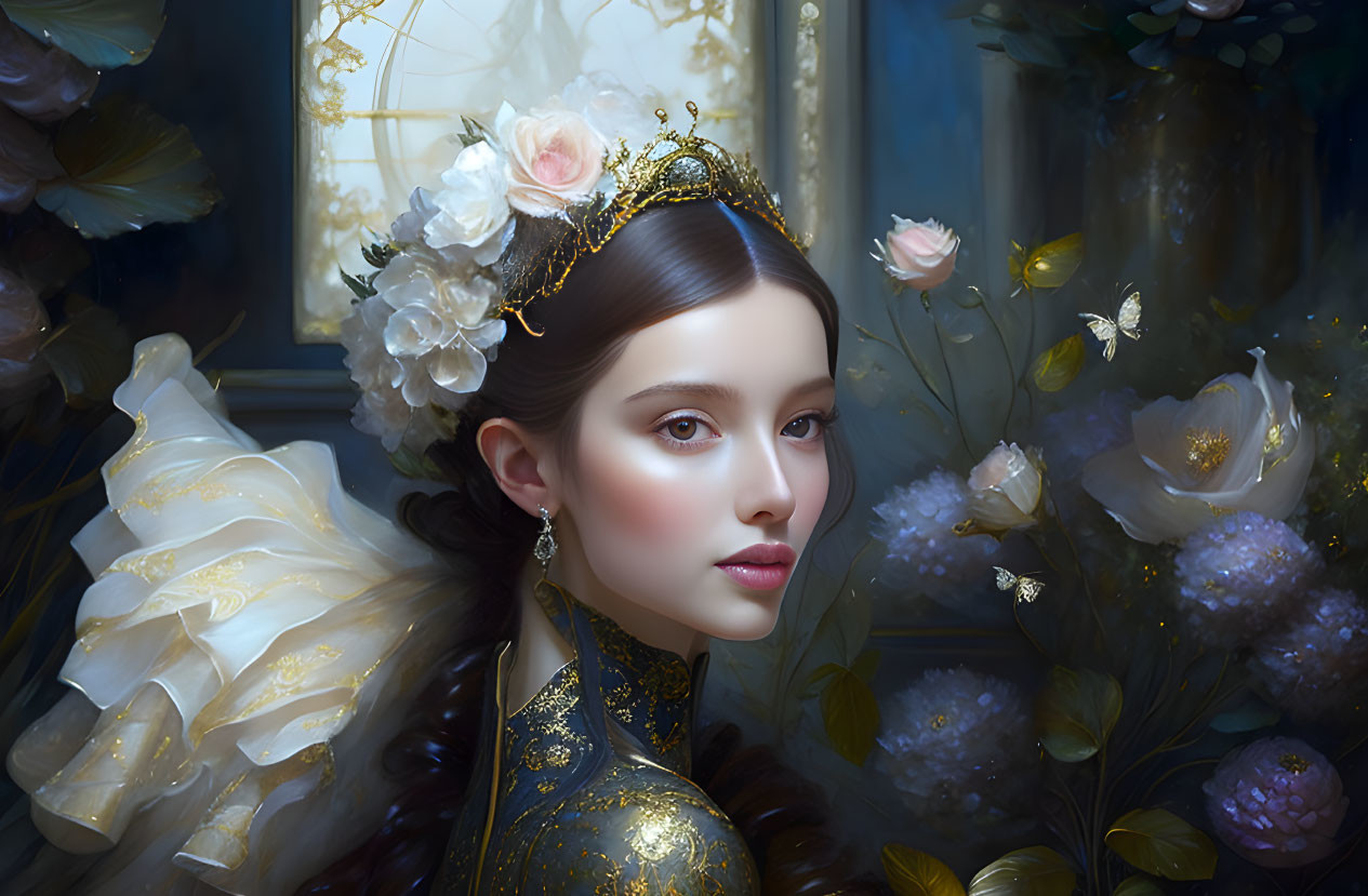 Woman with Floral Crown and Butterflies in Ethereal Light