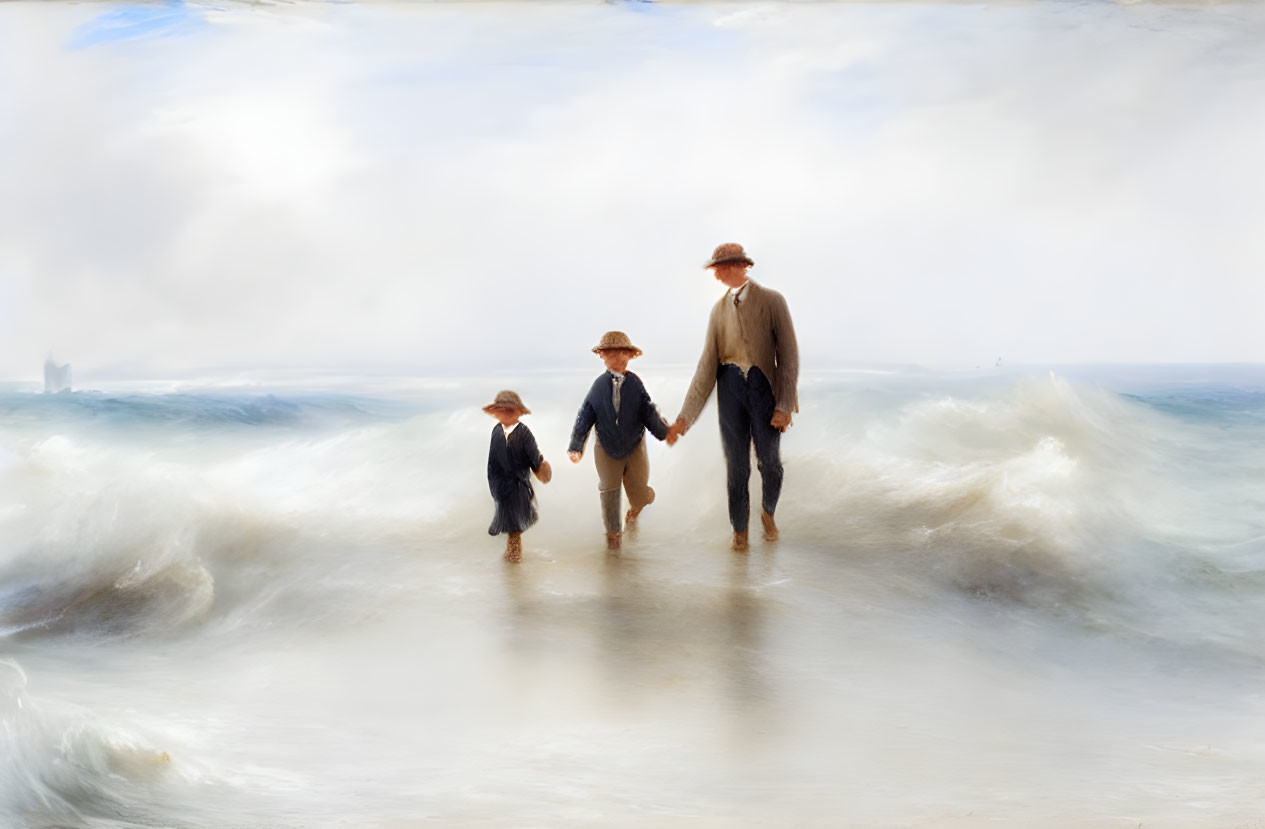 Adult with two children walking in shallow water with swirling waves under cloudy sky