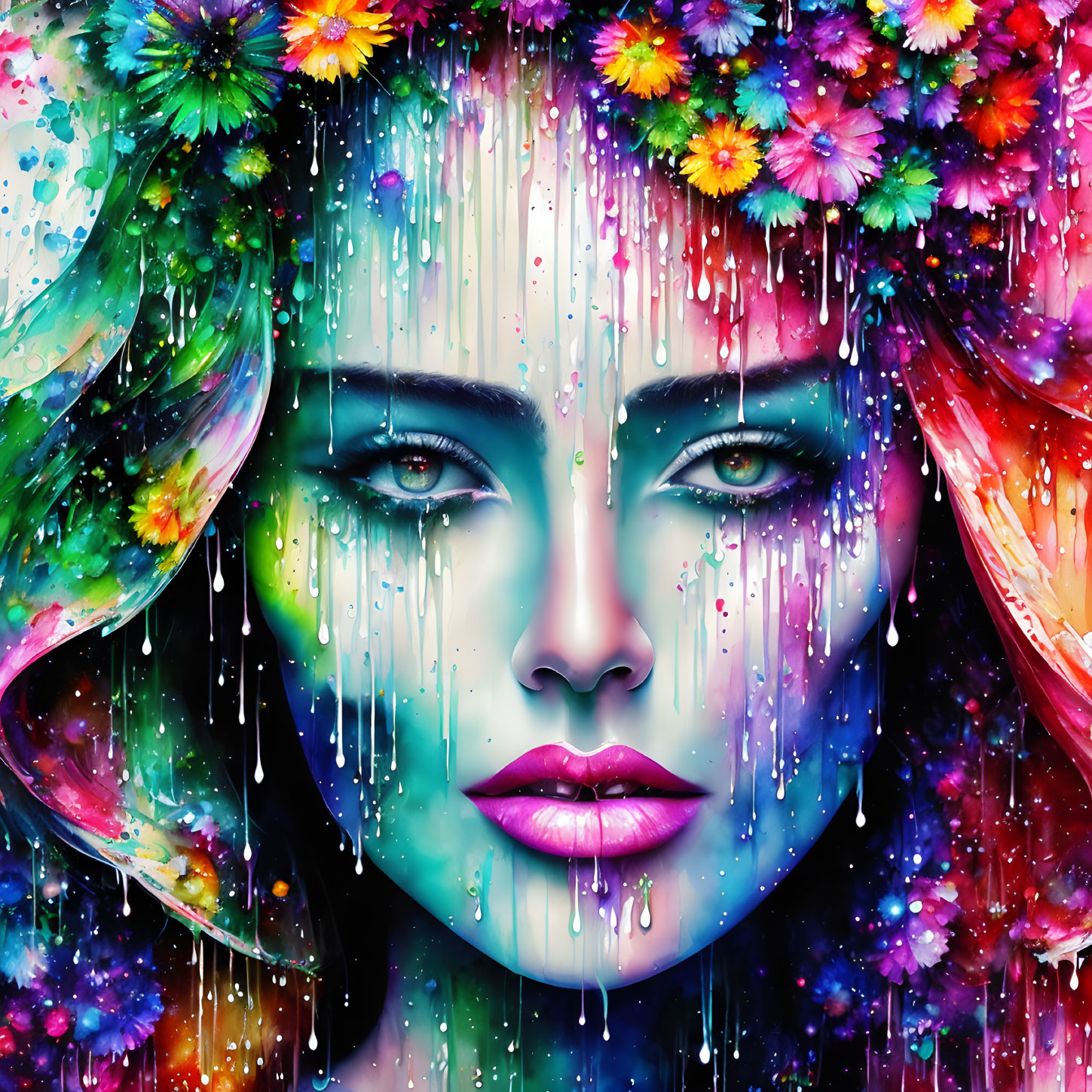 Vibrant portrait of a woman with floral crown and cosmic colors.