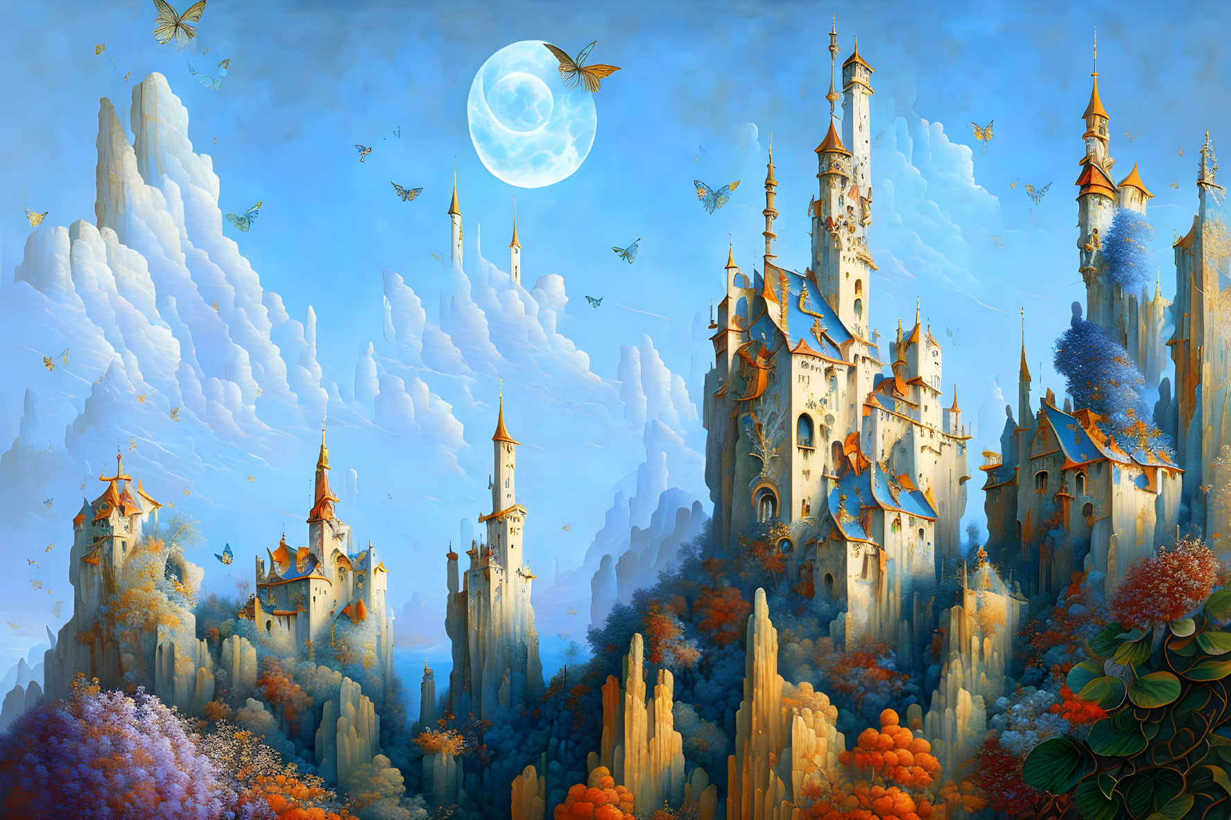 Whimsical fantasy landscape with vibrant castles and floating clouds