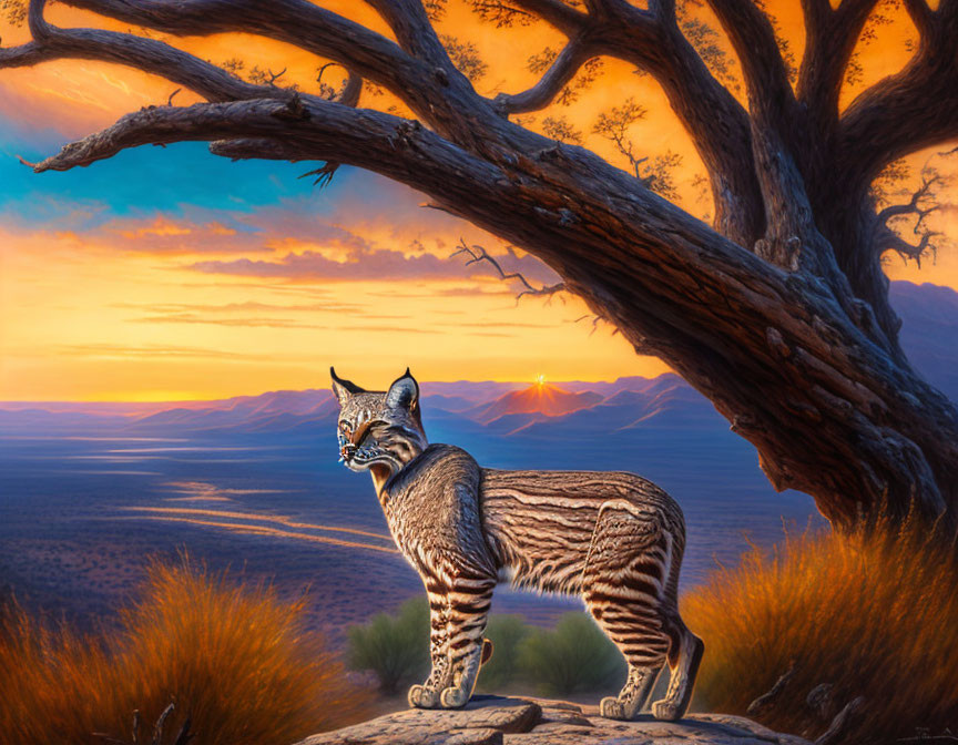 Bobcat on Rock Under Twisted Tree at Sunset