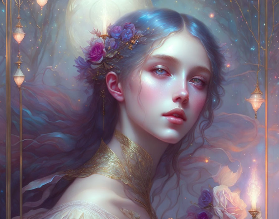 Ethereal fantasy portrait of a woman with floral hair accents