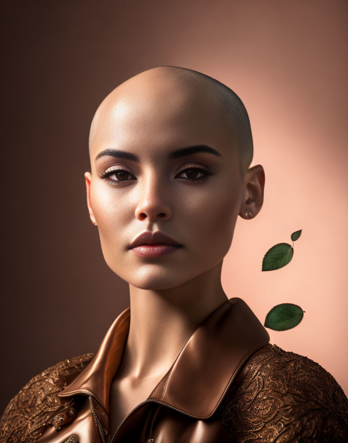 Bald Woman in Brown Leather Garment with Green Leaves