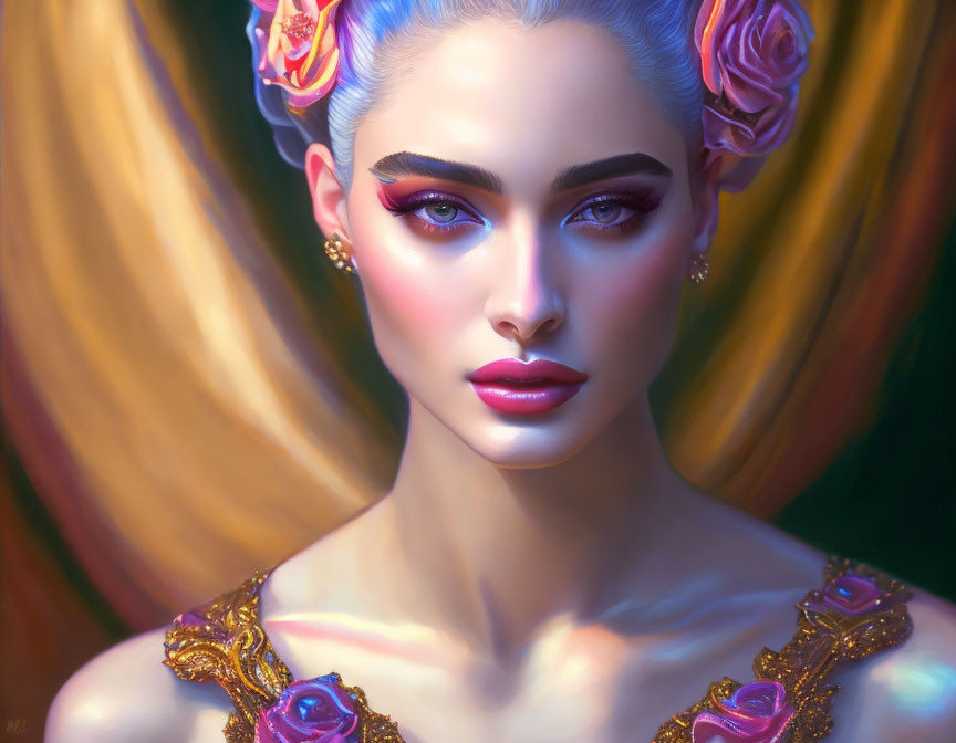 Elaborate makeup and floral attire on woman in digital portrait