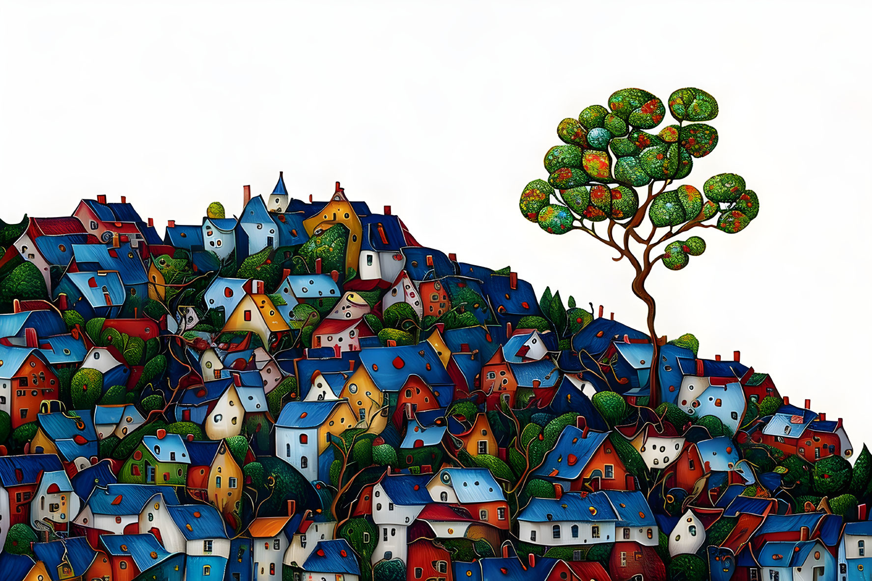 Vibrant hillside houses and tree illustration on white background