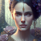 Mystical woman with tattoos and gold jewelry in ethereal setting