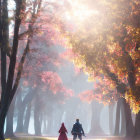 Couple walking under cherry blossom trees in sunlight