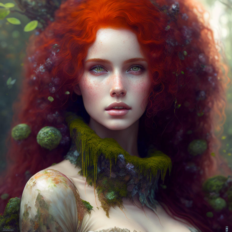 Vibrant digital portrait of a woman with red hair and green eyes amid lush greenery