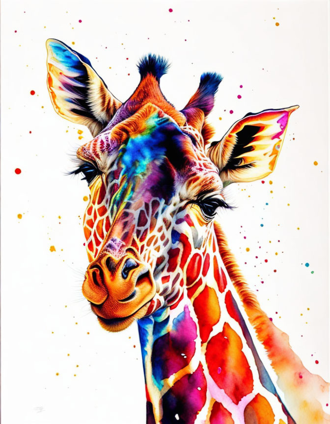 Vibrant Giraffe Face Illustration with Colorful Paint Splashes