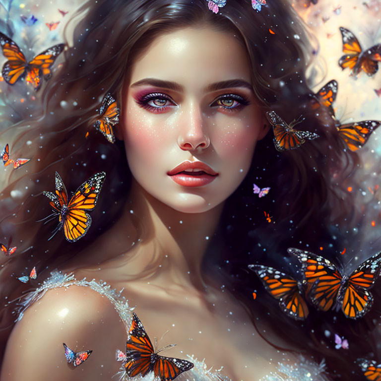 Digital Artwork: Woman with Deep Blue Eyes and Orange Butterflies