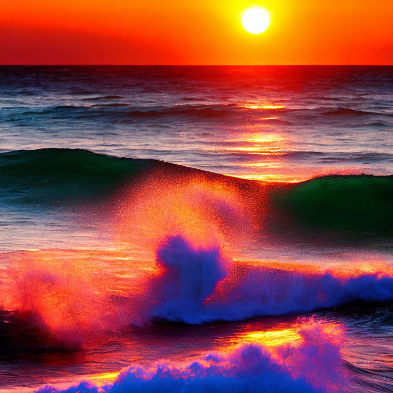 Ocean sunset with red and orange hues reflecting on waves