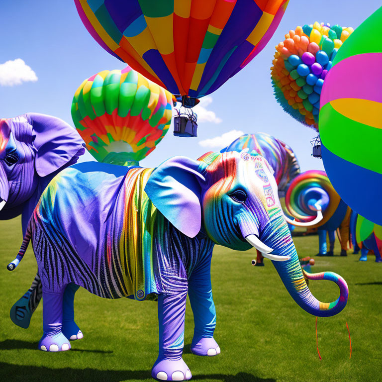 Vibrant elephants and hot air balloons in grassy field display