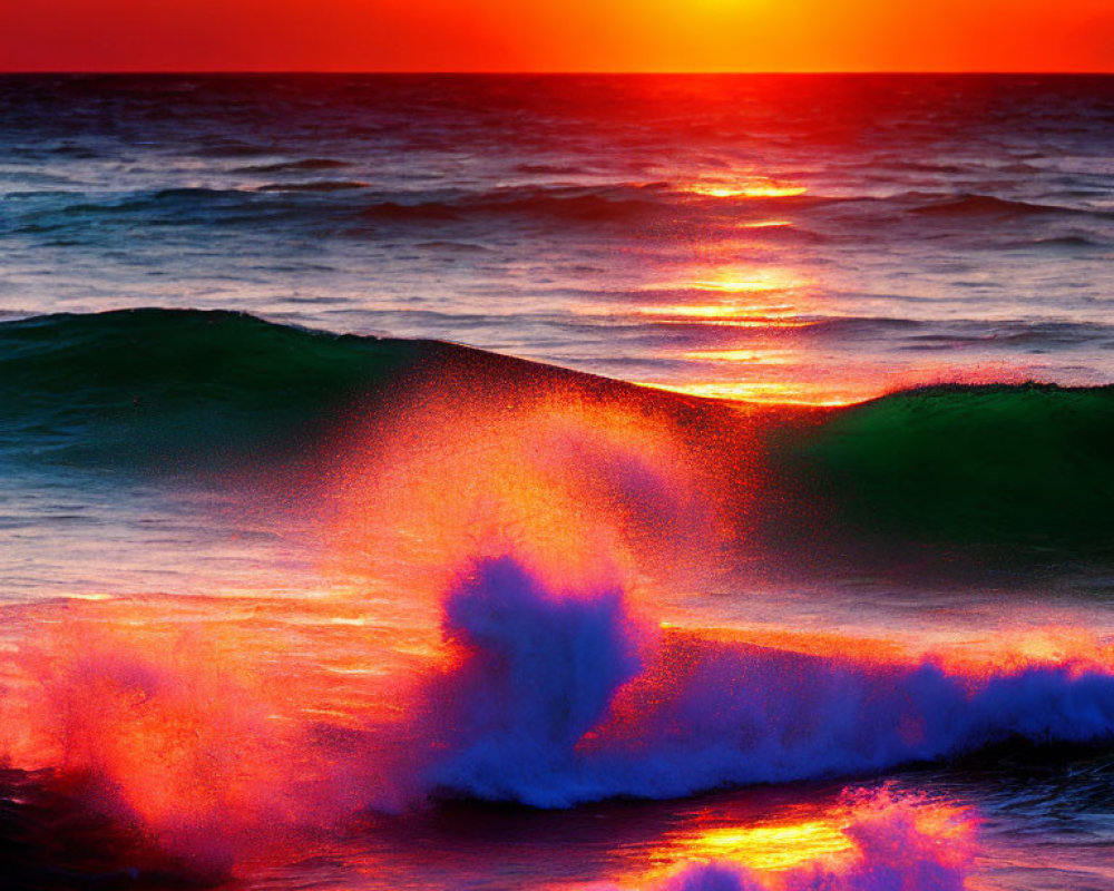 Ocean sunset with red and orange hues reflecting on waves