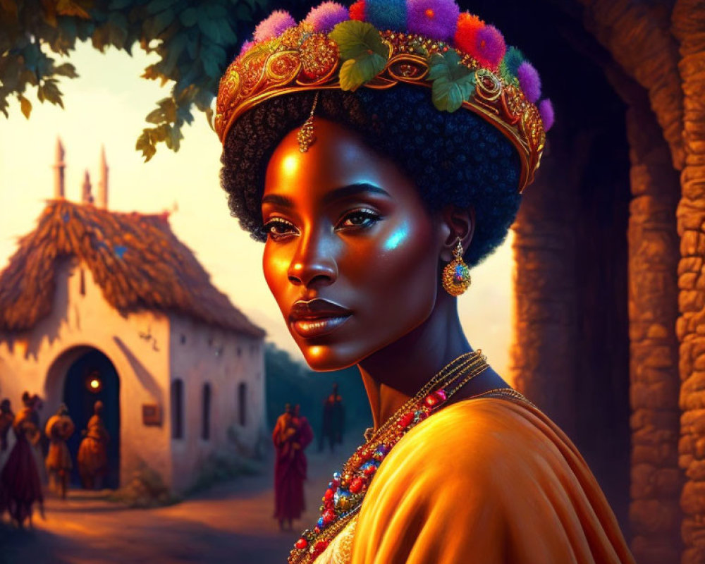 Regal woman with floral crown and orange garment in rustic village setting.