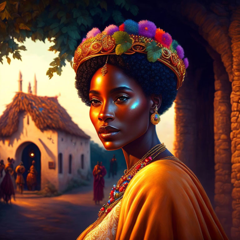 Regal woman with floral crown and orange garment in rustic village setting.