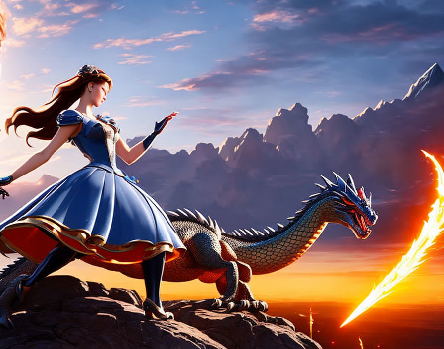 Animated princess and dragon in blue gown with fiery sky backdrop