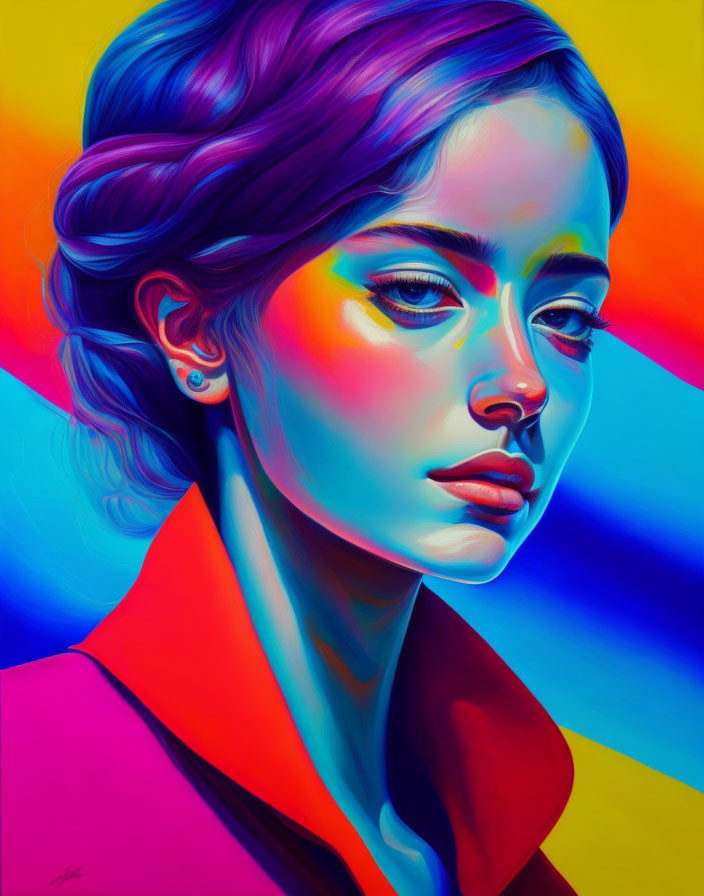 Colorful Stylized Portrait of Woman with Blue and Pink Hues