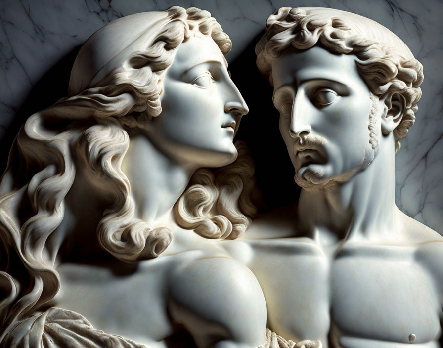 Marble sculpture of two classical figures with flowing hair and expressive features