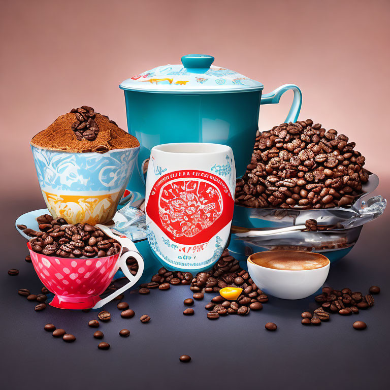 Vibrant coffee-themed still life with blue container and patterned cups