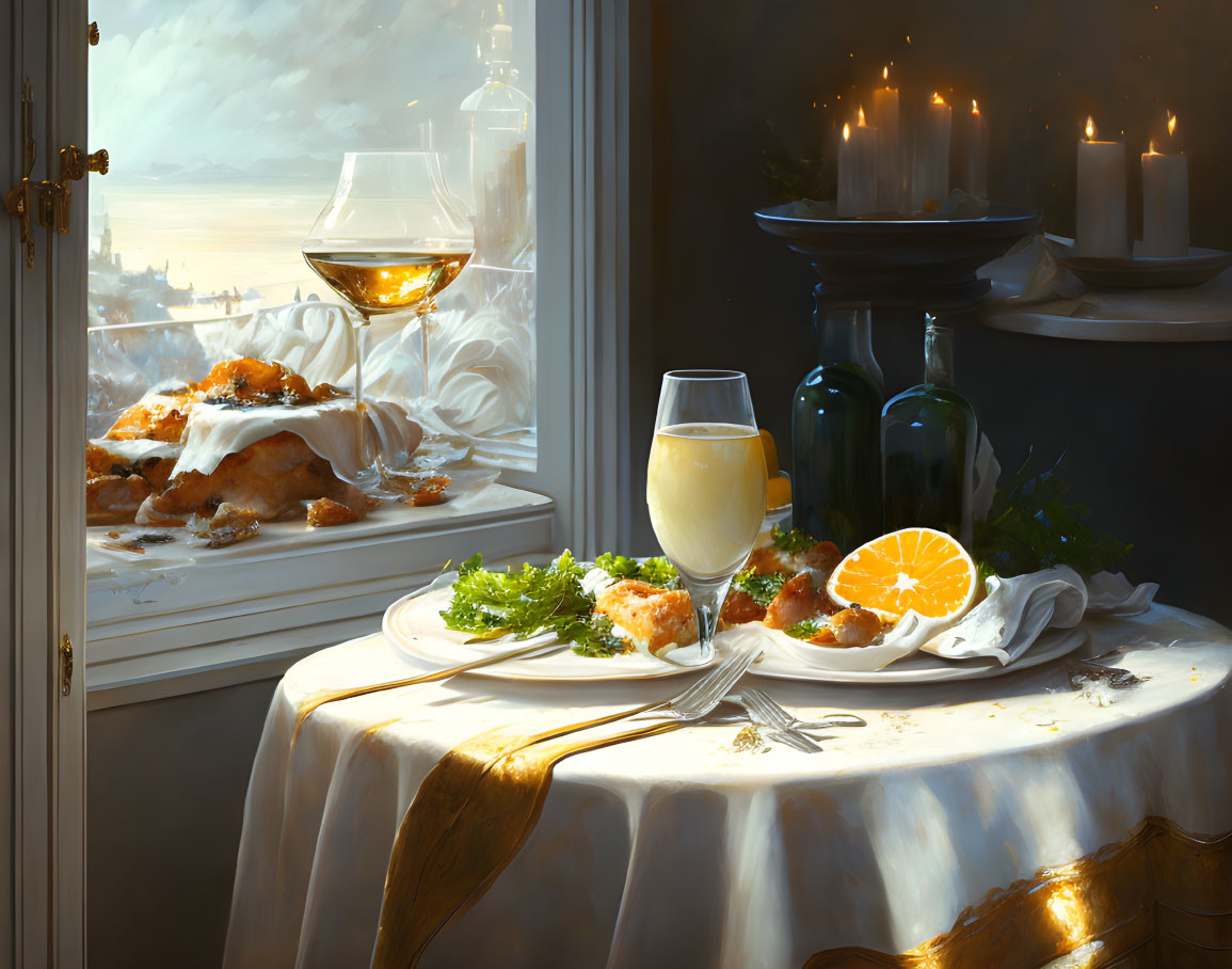 Festive table with roasted dish, white wine, cityscape view, candles, and greenery