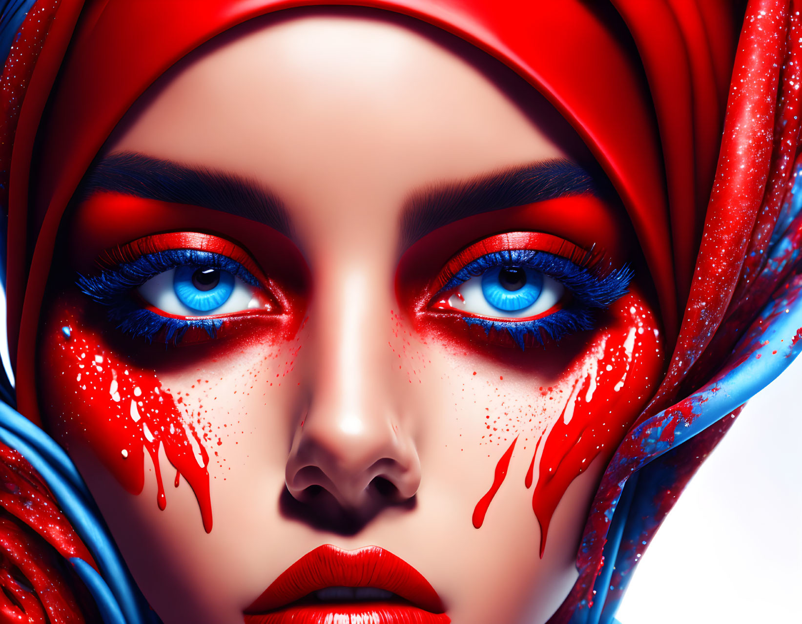 Digital Artwork: Woman with Bright Blue Eyes and Red Headscarf