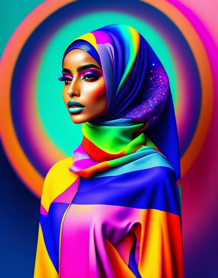 Colorful digital artwork: Woman in hijab on psychedelic background