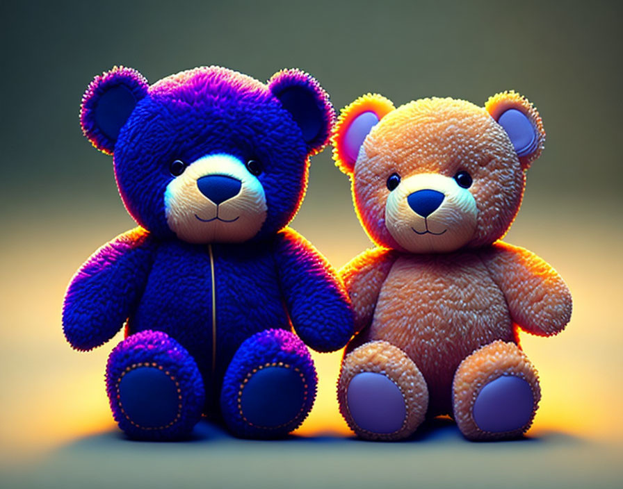 Two plush teddy bears, blue and brown, sitting together against soft background