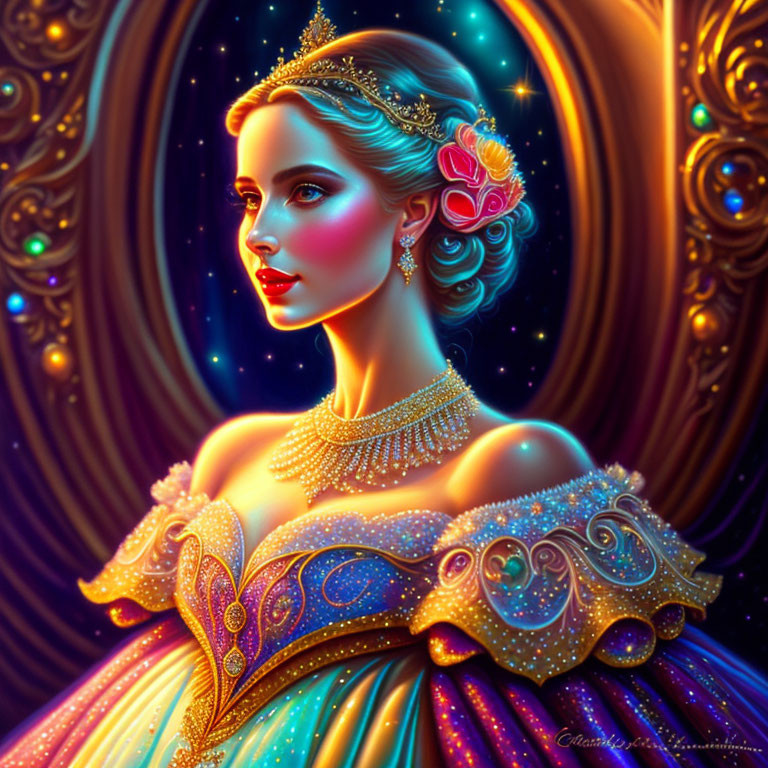 Regal woman in glowing attire with crown in vibrant galaxy aura.