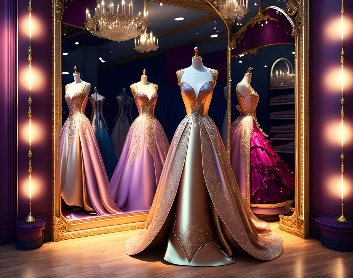 Sophisticated Boutique Interior with Evening Dresses and Elegant Decor