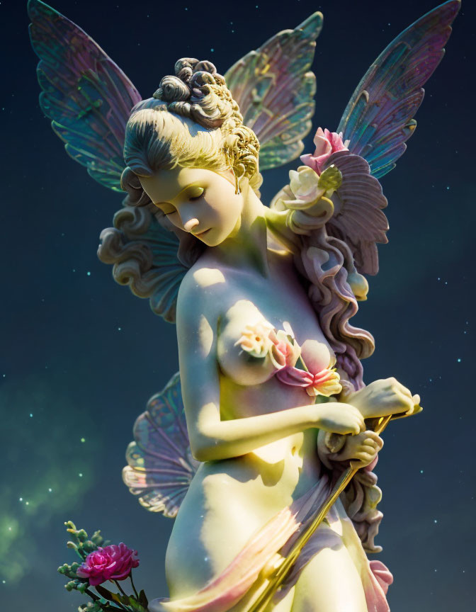 Intricate fairy statue playing lyre among flowers on starry backdrop