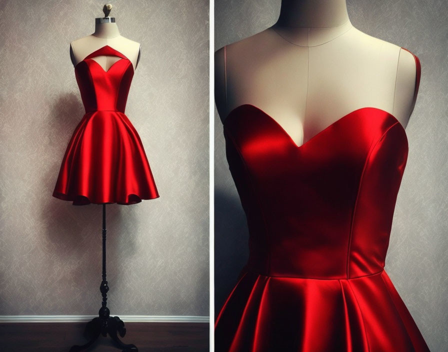 Red Satin Cocktail Dress with Sweetheart Neckline on Mannequin Against Patterned Wallpaper