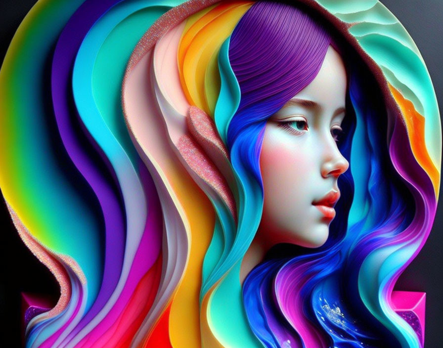 Colorful Digital Art: Girl with Wavy Hair in Abstract Background