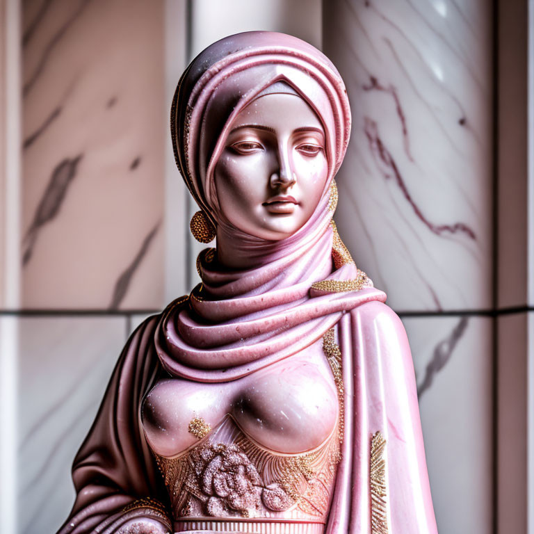 Intricate statue of woman in elegant garments with gold accents