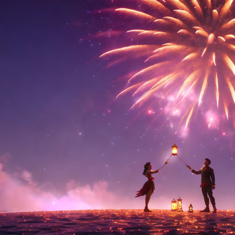 Couple holding lantern under night sky with fireworks and floating lanterns