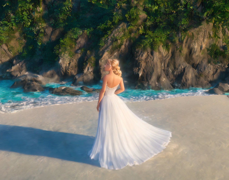 Woman in White Dress on Beach with Cliffs and Greenery