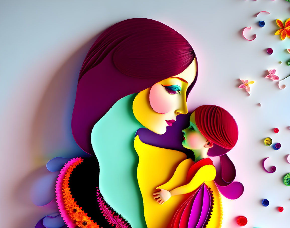 Vibrant digital artwork: Woman and child with butterflies