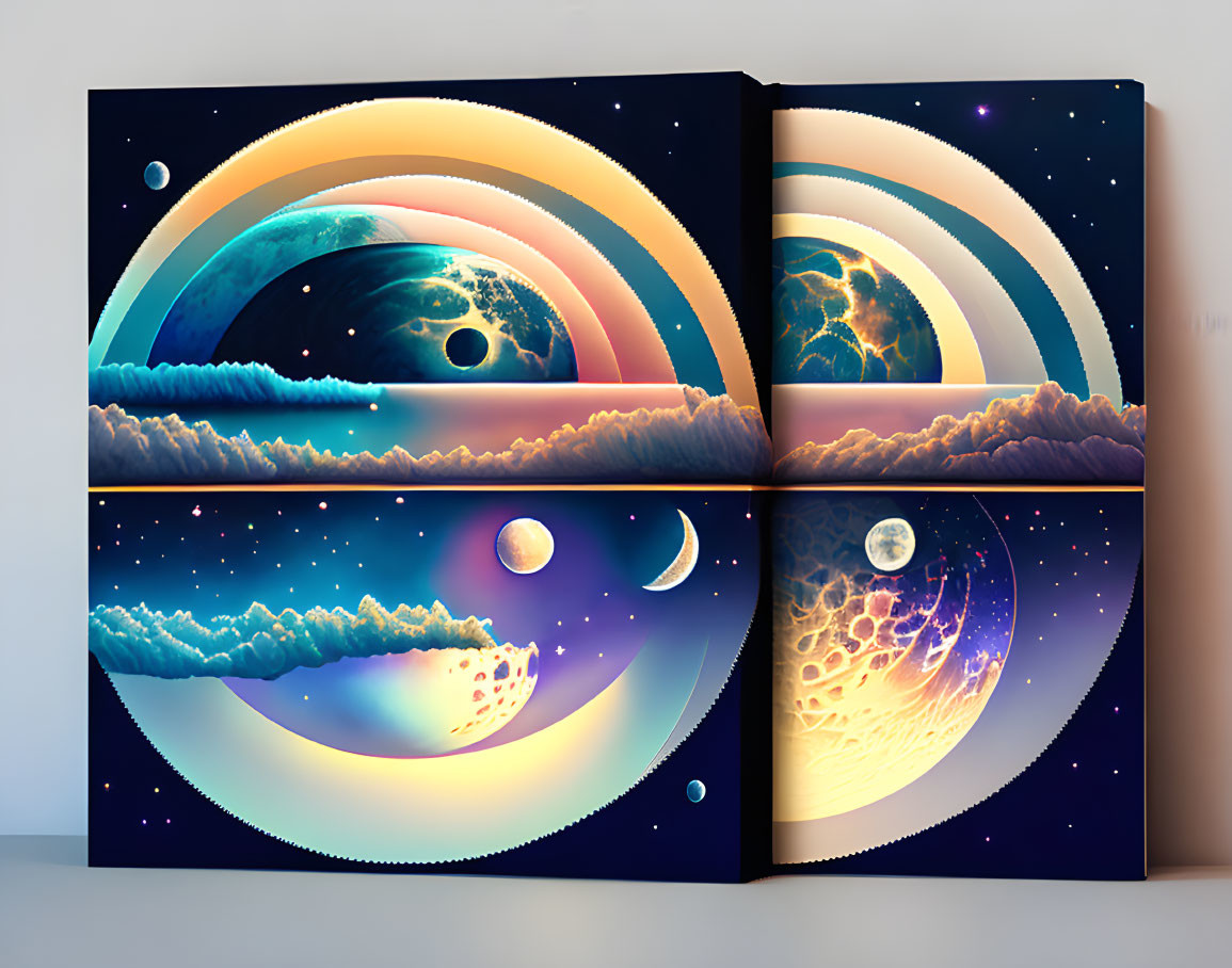 Vibrant cosmic artwork: surreal planets, moons, stars on canvas