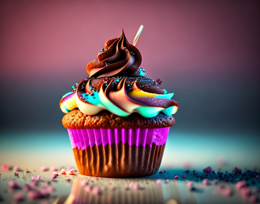 Colorful Cupcake with Chocolate and Vanilla Icing on Gradient Background