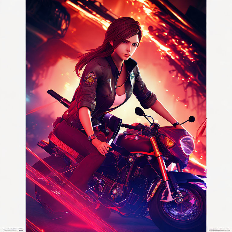 Long-haired woman in leather jacket on motorcycle with neon lights.