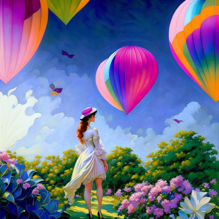 Vintage Attired Woman Gazing at Colorful Hot Air Balloons in Vibrant Sky