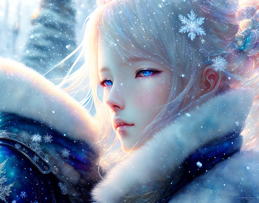 Blonde Girl in Fur Coat Surrounded by Snowflakes