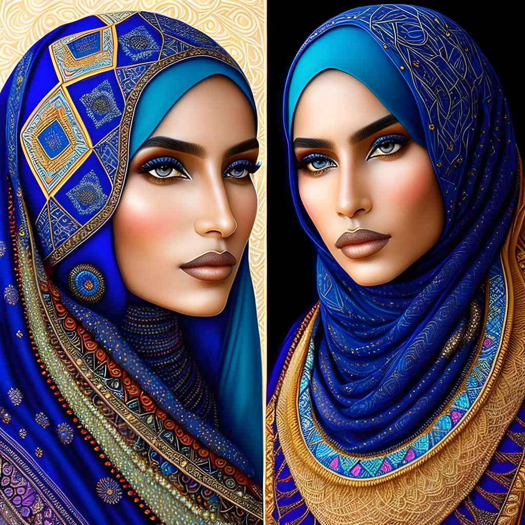 Digital illustration of two women in ornate blue headscarves with gold patterns.