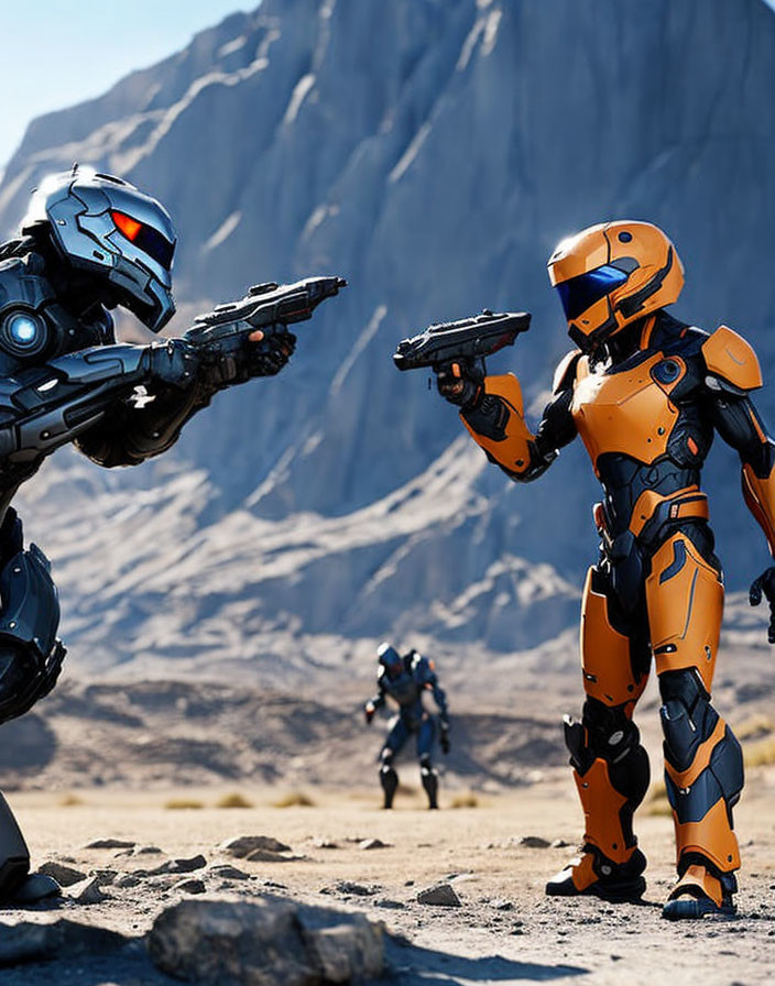 Futuristic armored individuals with guns in rocky desert landscape