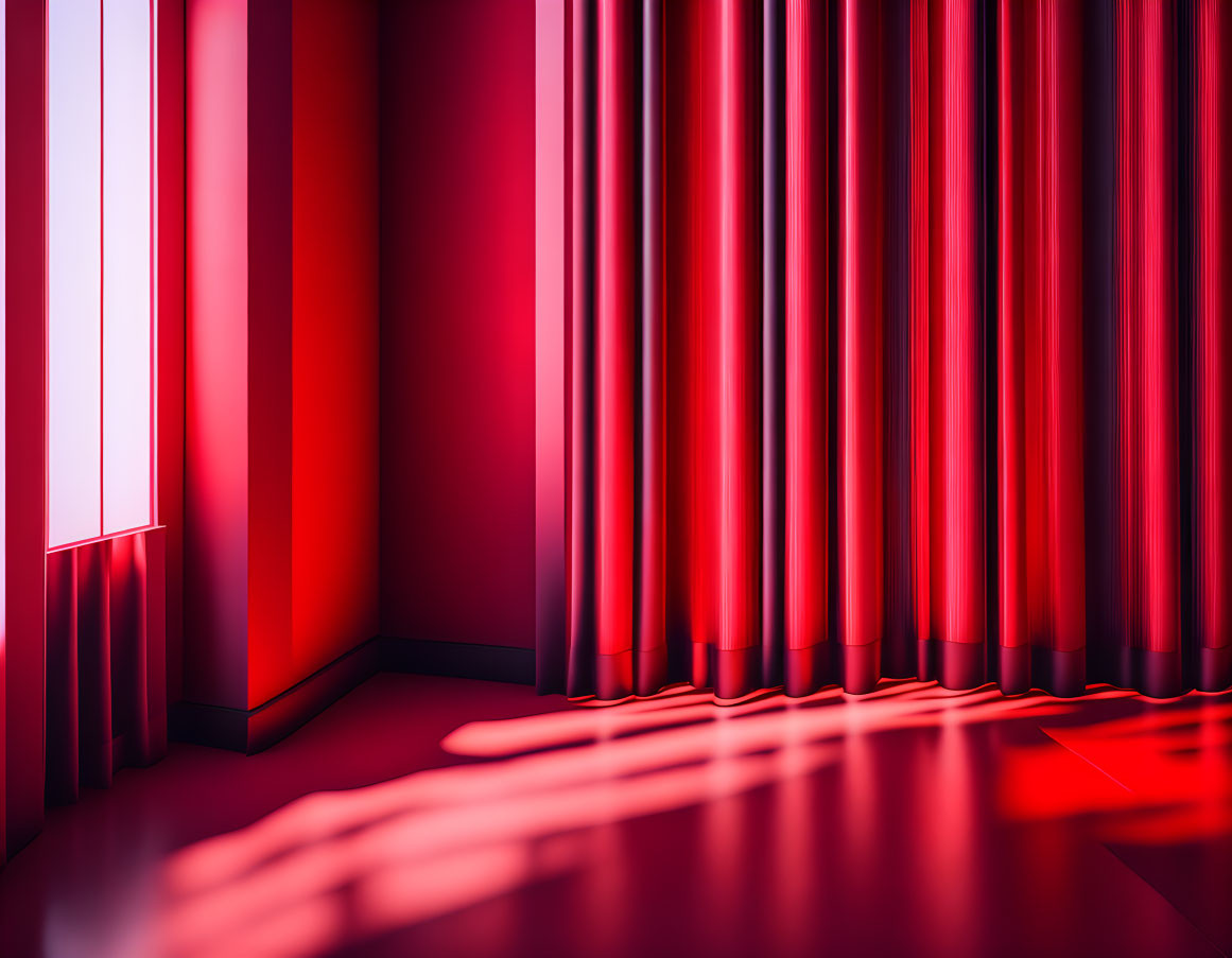 Dimly lit room with floor-to-ceiling curtains and white light strips on wall