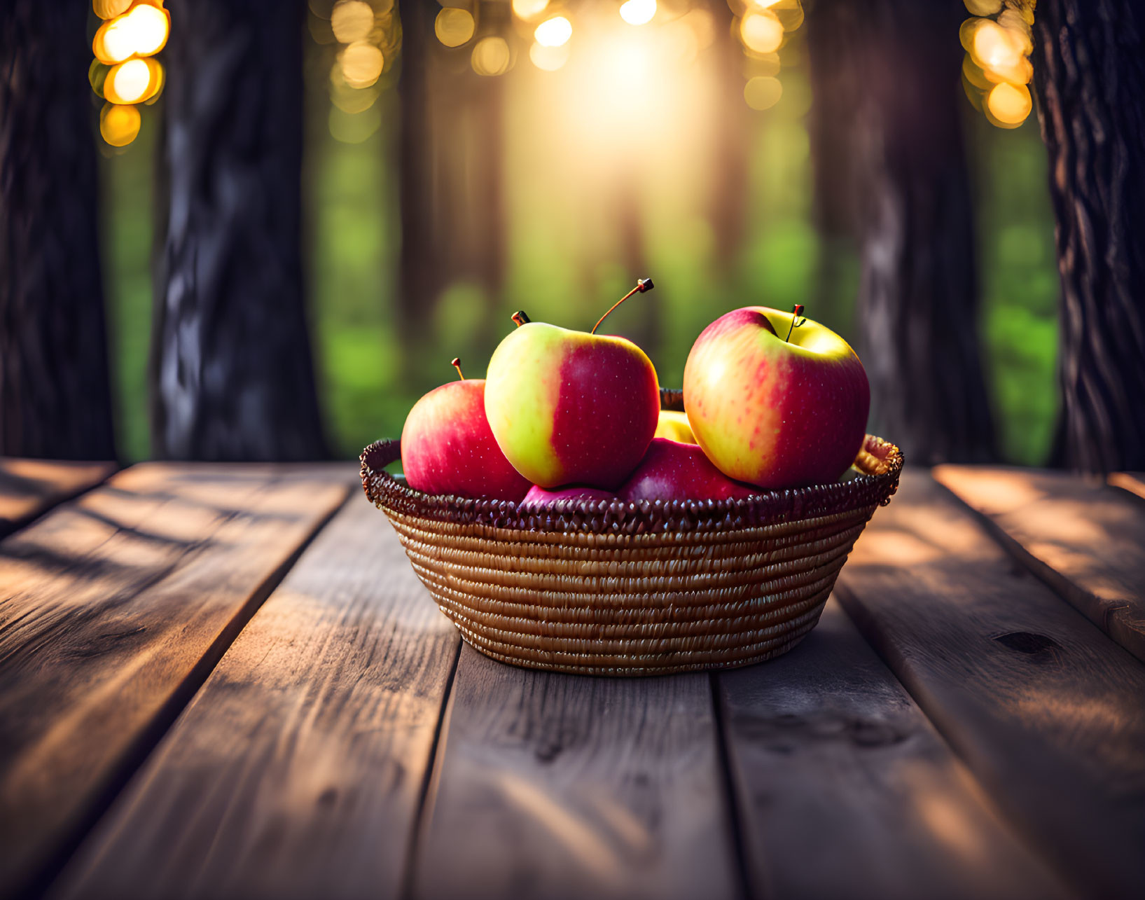 Wicker basket with red apples on wooden table in forest setting