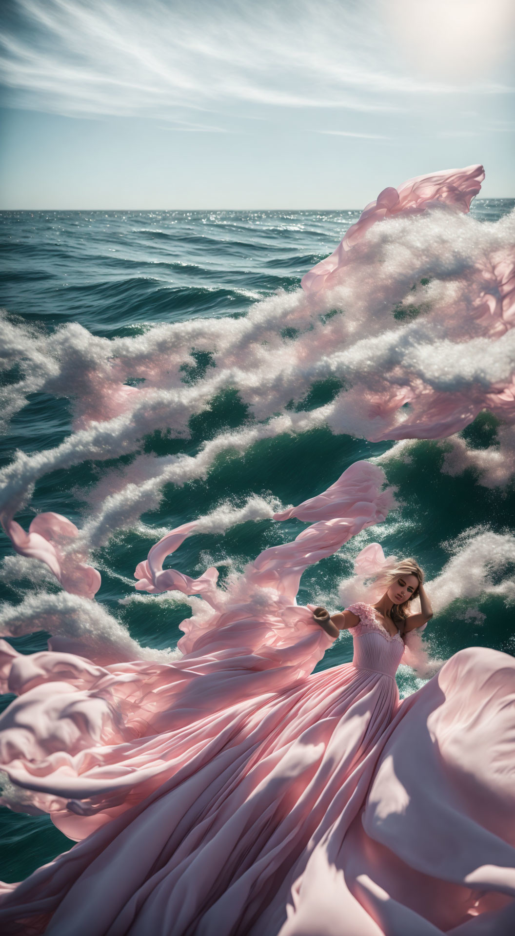 Woman in Pink Dress Twirling on Ocean with Foamy Waves